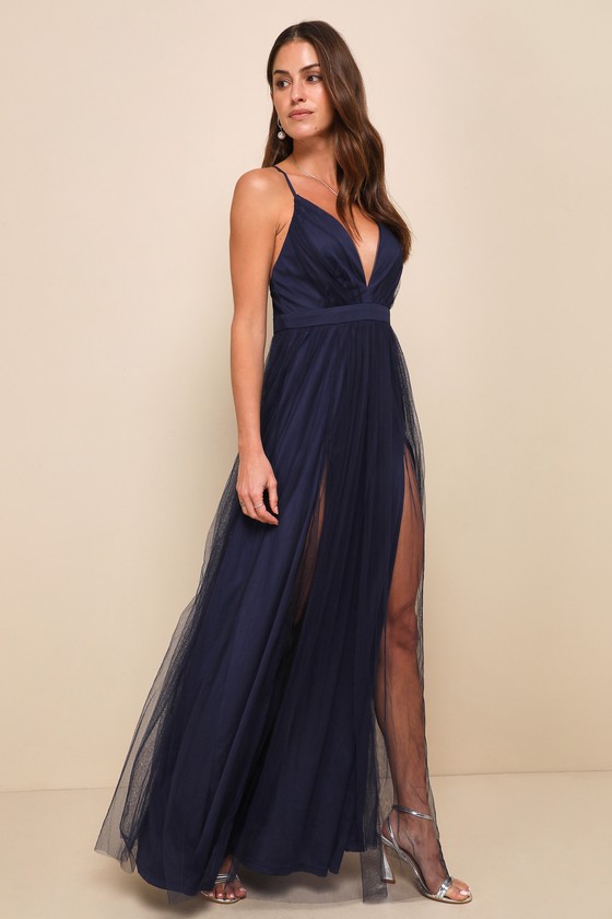 Rare Beauty Navy Blue Tulle Backless Maxi Dress