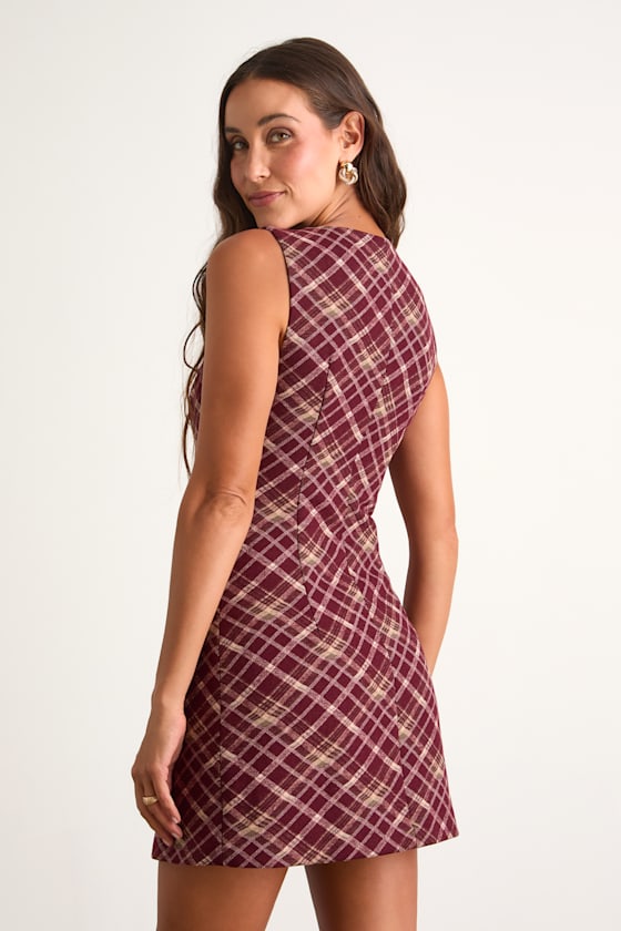 Kala Burgundy Plaid Button-Front Mini Dress