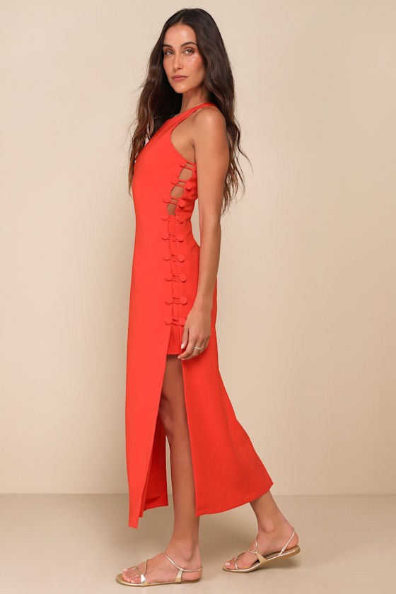 Masterfully Mod Bright Orange Side Button Midi Dress