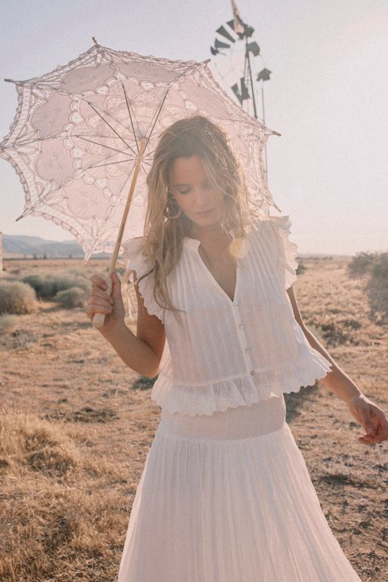 Annabelle Ivory Pleated Cotton Button-Up Top