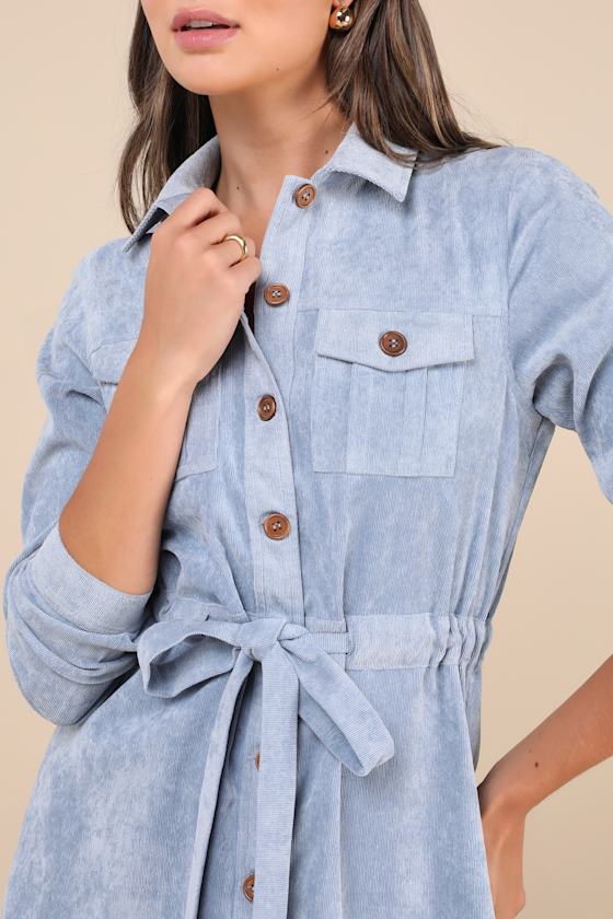 Simple Affection Blue Corduroy Mini Dress With Pockets