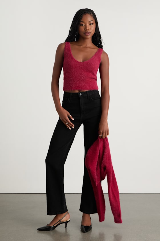 Mekea Berry Red Eyelash Knit Tank Top and Cropped Cardigan Set