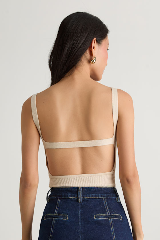Emberlin Beige Ribbed Low-Back Sleeveless Bodysuit
