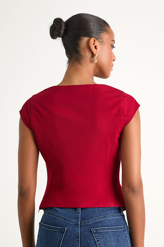 Azora Red Button-Front Cap Sleeve Top