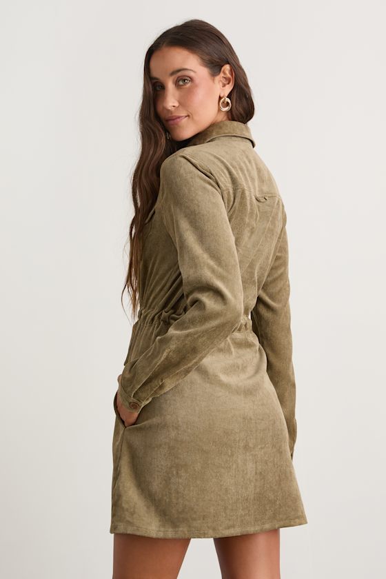 Simple Affection Olive Corduroy Mini Dress With Pockets