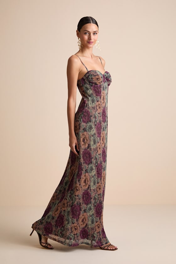 Kendlyn Taupe Multi Floral Plisse Maxi Dress