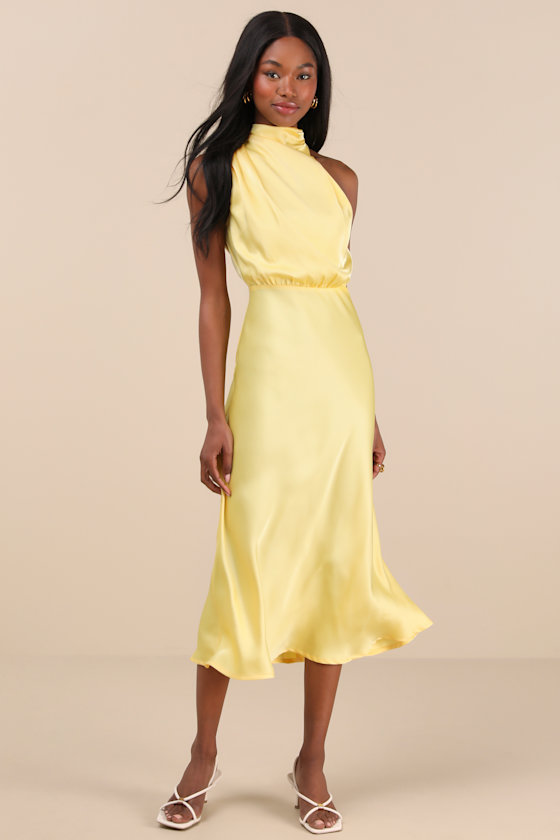 Distinctive Charm Yellow Satin Asymmetrical Midi Dress