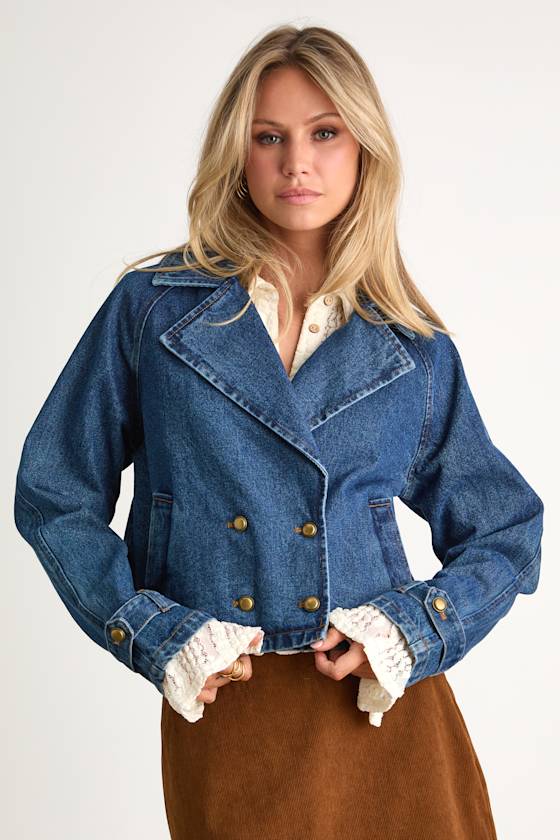 Abria Medium Wash Denim Double-Breasted Cropped Jacket