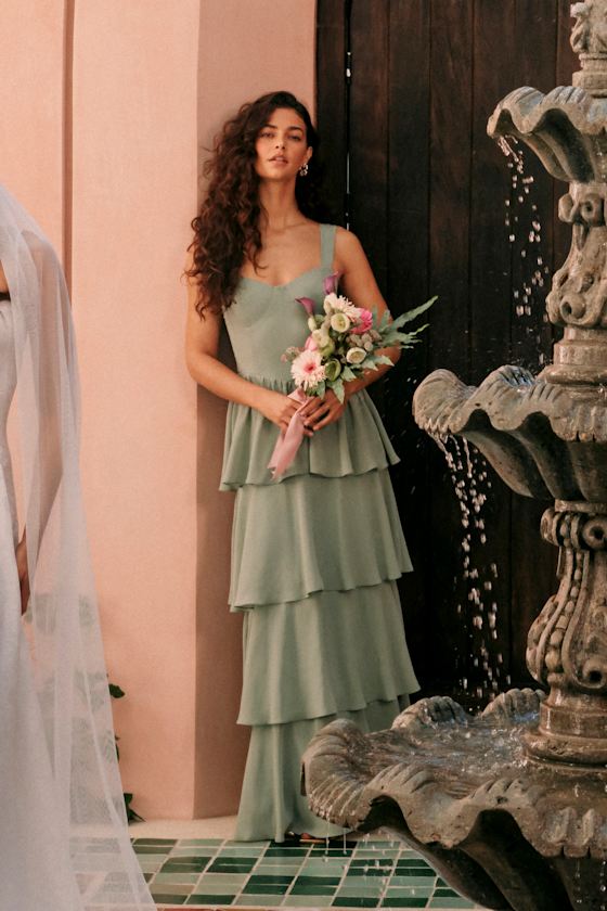 Carlynda Sage Brush Tiered Bustier Maxi Dress