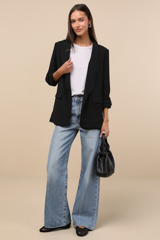 Superior Aesthetic Black Three-Quarter Sleeve Ruched Blazer