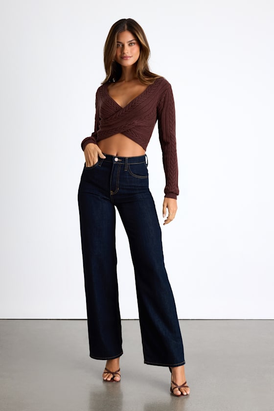 Feliya Brown Cable Knit Cross-Front Sweater Crop Top