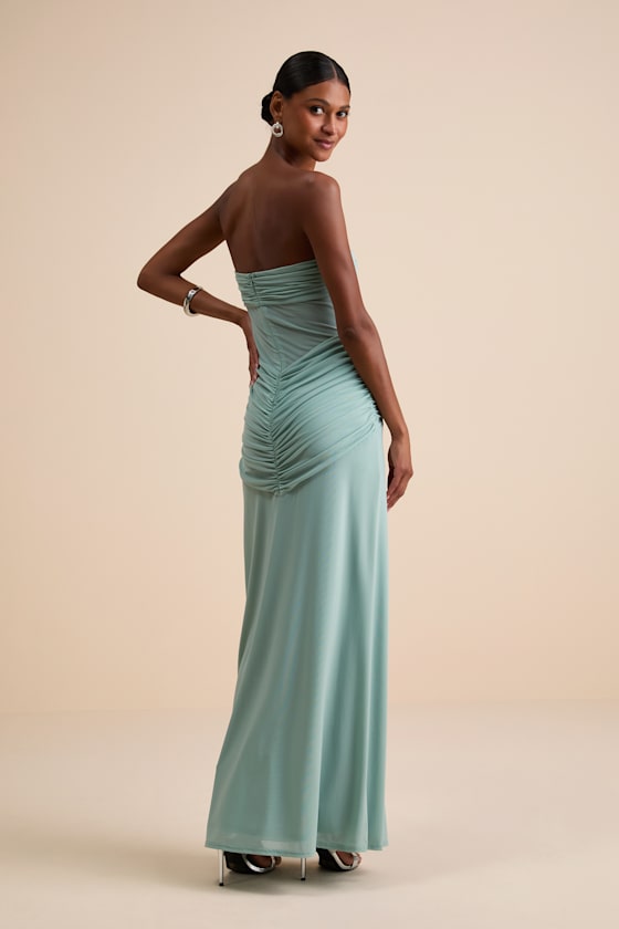 Ursella Sage Blue Mesh Strapless Maxi Dress