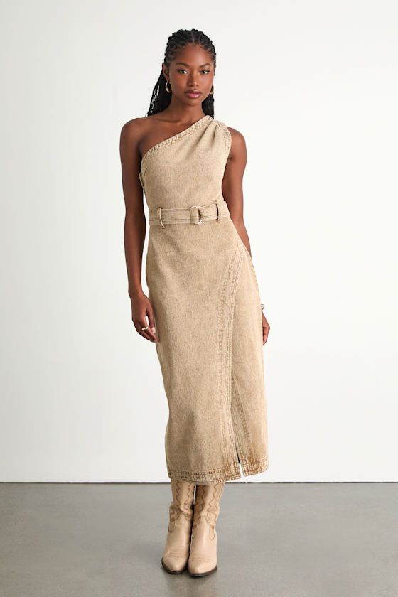 Avelina Washed Tan Denim One-Shoulder Belted Midi Dress