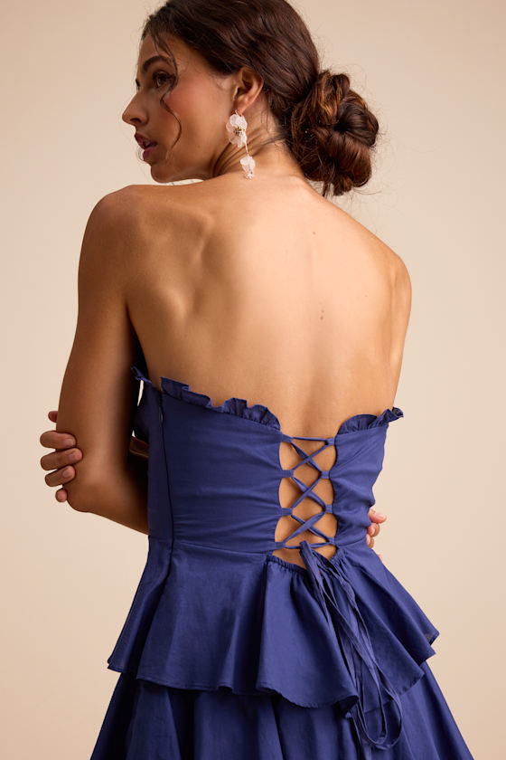 Nayha Blue Strapless Tiered Midi Dress