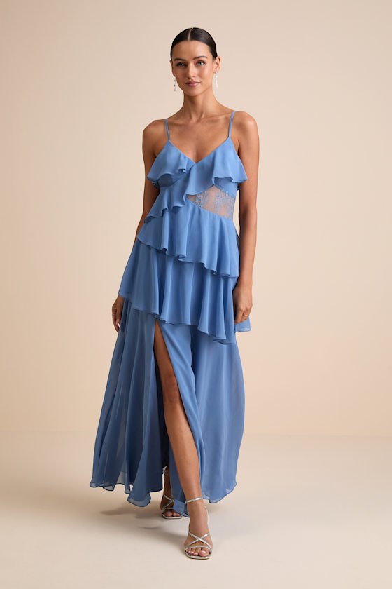 Dalena Dusty Blue Ruffled Lace Maxi Dress