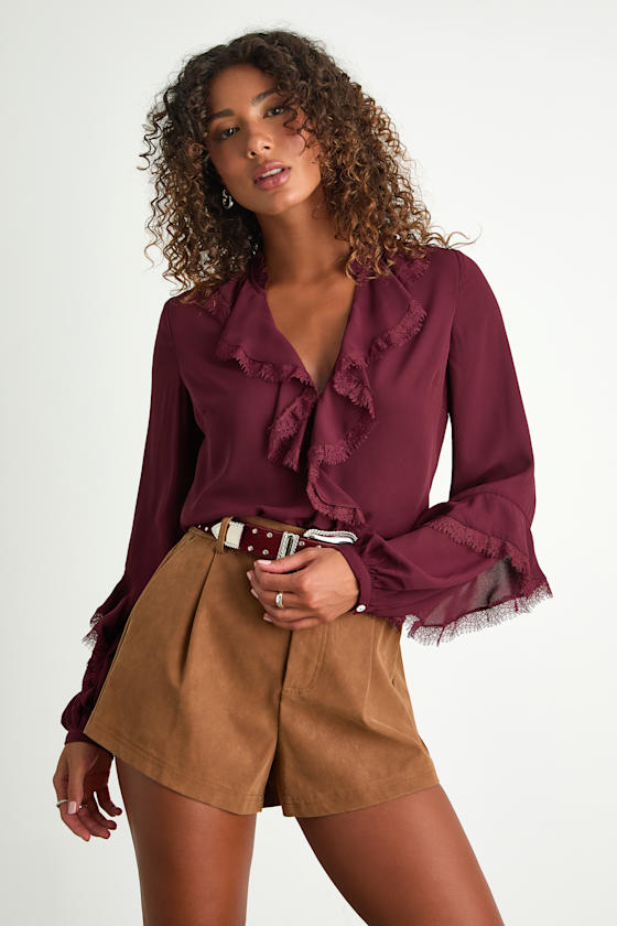 Jess Burgundy Ruffled Lace Long Sleeve Top