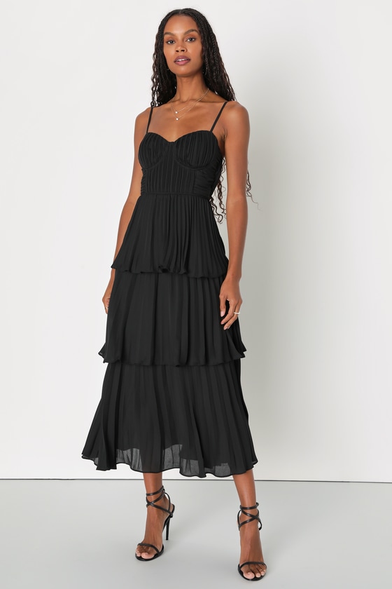 Cascading Crush Black Tiered Bustier Midi Dress