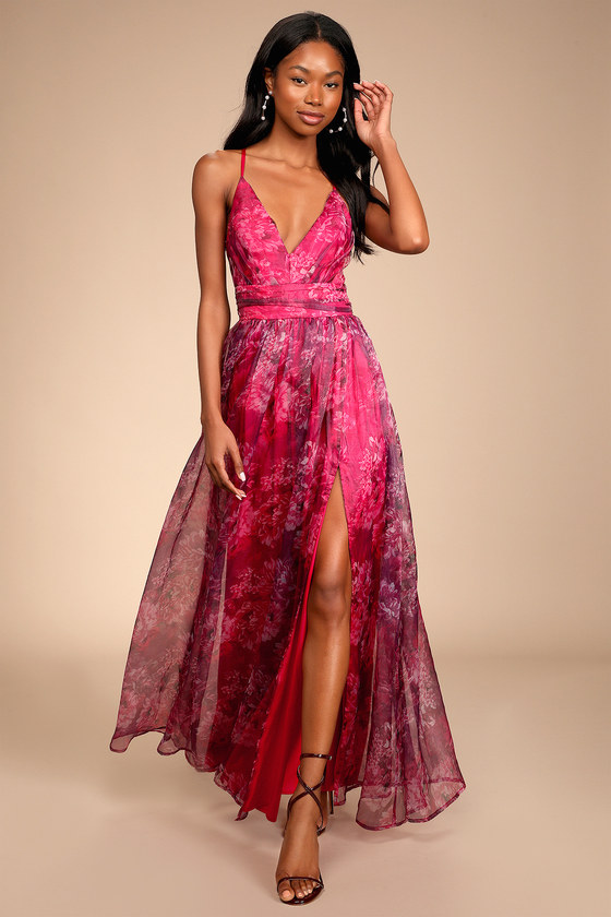 Romance That Wows Magenta Floral Print Organza Maxi Dress
