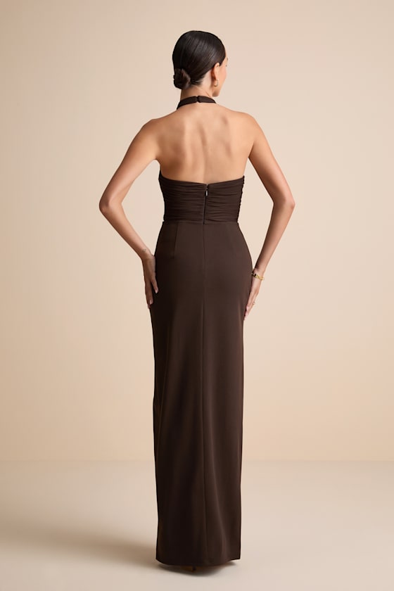 Baani Dark Brown Column Halter Maxi Dress
