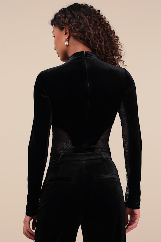 Irreplaceable Appeal Black Velvet Lace Mock Neck Bodysuit