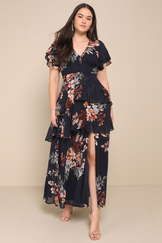 Midnight Mood Navy Blue Floral Print Tiered Maxi Dress