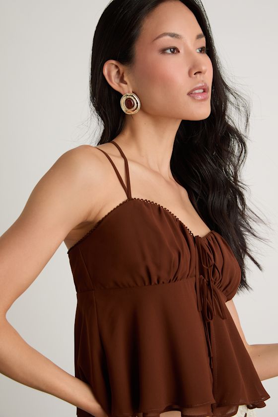 Yasha Brown Tie-Front Babydoll Cami Top