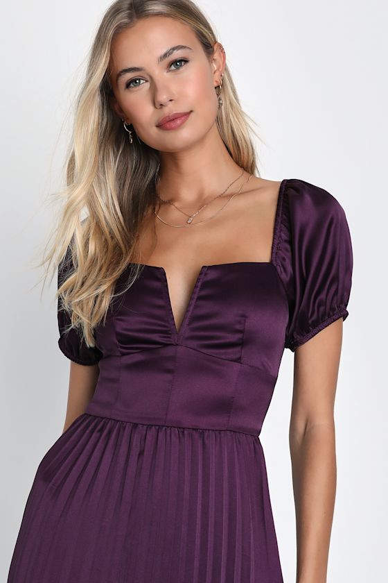 Flawless Forever Dark Purple Satin Pleated Midi Dress