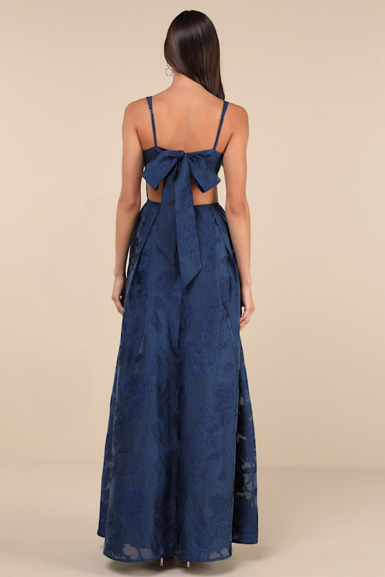 Perfected Aura Navy Jacquard Tie-Back Maxi Dress with Pockets