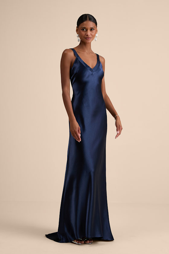 Perfectly Classy Navy Satin Strappy Maxi Dress