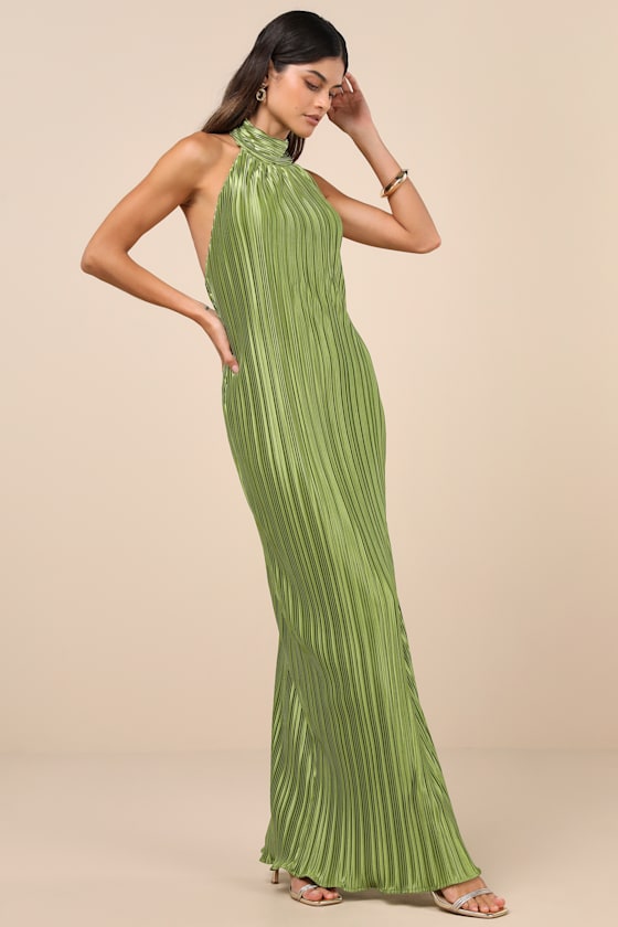 Gwenny Lime Green Satin Plisse Maxi Dress