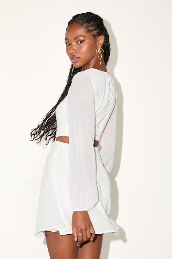 Garden Bliss White Long Sleeve Cutout Mini Dress