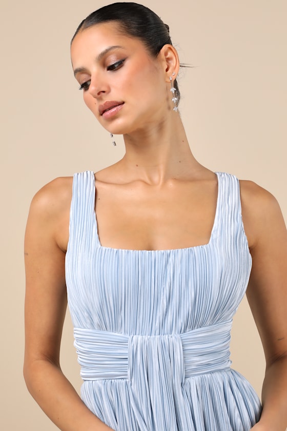 Ameena Light Blue Plisse Square Neck Sash Maxi Dress