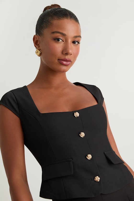 Azora Black Button-Front Cap Sleeve Top