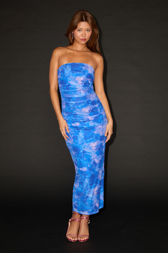 Late Night Crush Blue Multi Mesh Ruched Strapless Midi Dress