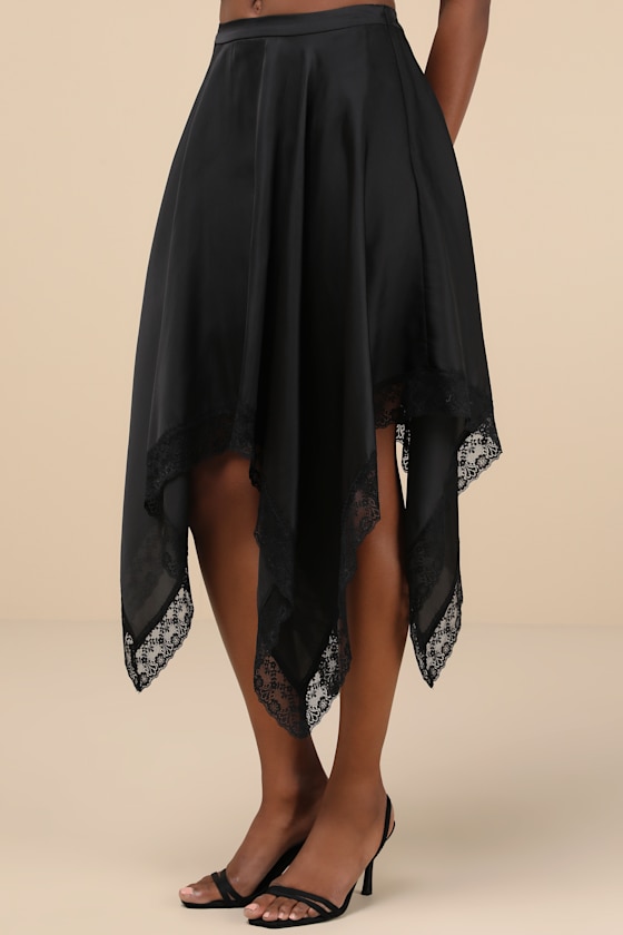 Indescribable Allure Black Satin Handkerchief Midi Skirt