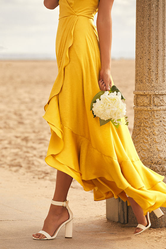 In Love Forever Mustard Yellow Satin Lace-Up High-Low Maxi Dress