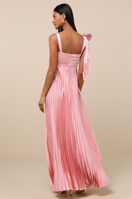 Gorgeous Purpose Pink Satin Pleated Sleeveless Bow Maxi Dress
