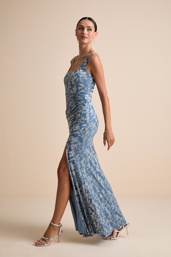 Miraya Dusty Blue Burnout Velvet Maxi Dress