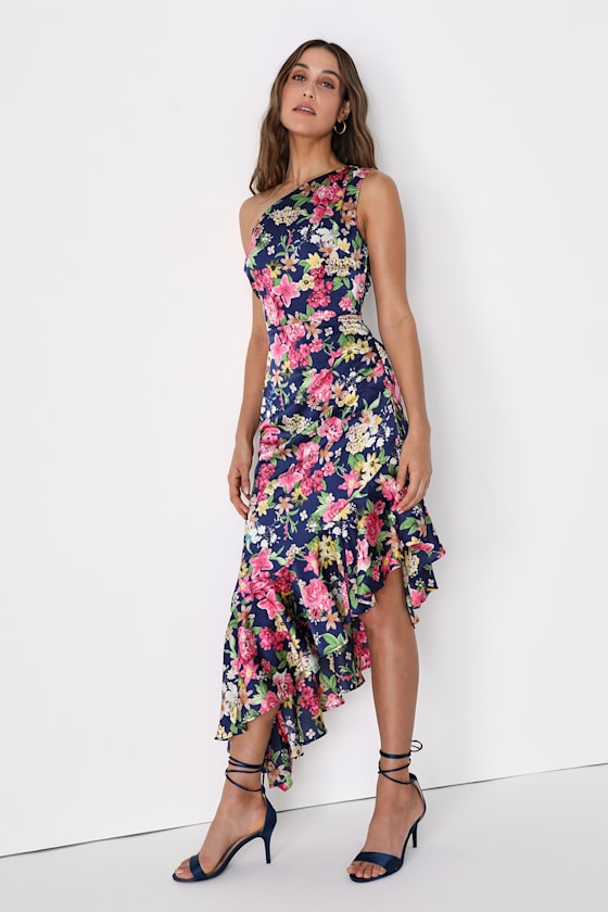 Divinely Blooming Blue Multi Floral One-Shoulder Midi Dress