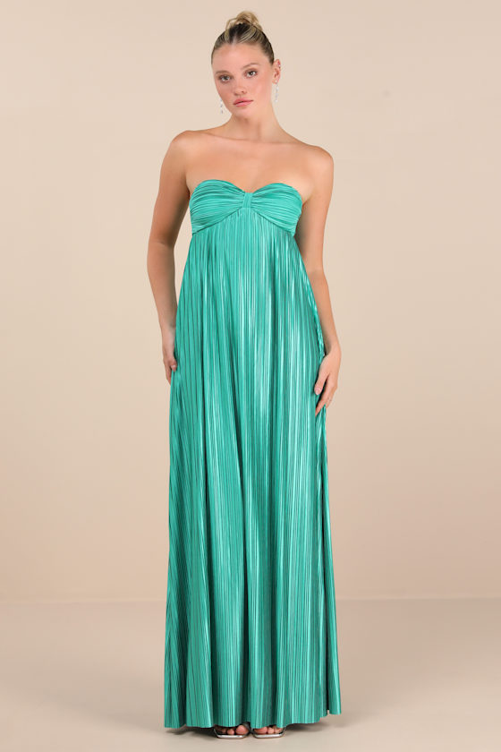 Whimsical Beauty Teal Green Satin Plisse Strapless Maxi Dress
