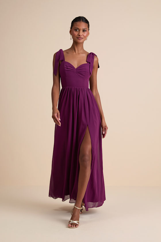 Radiant Charisma Plum Chiffon Ruched Tie-Strap Maxi Dress