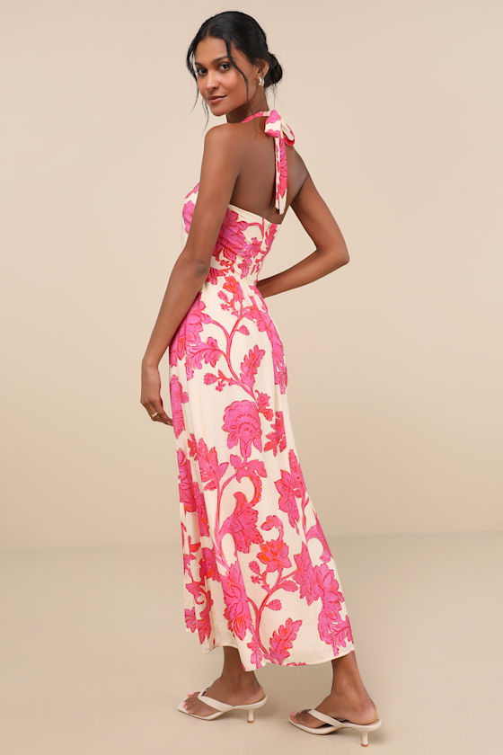 Layton Pink and Cream Floral Halter Maxi Dress