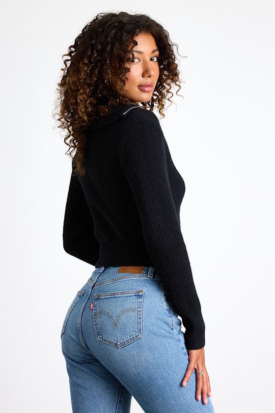 Cozy Inclination Black Cropped Zip-Front Collared Sweater