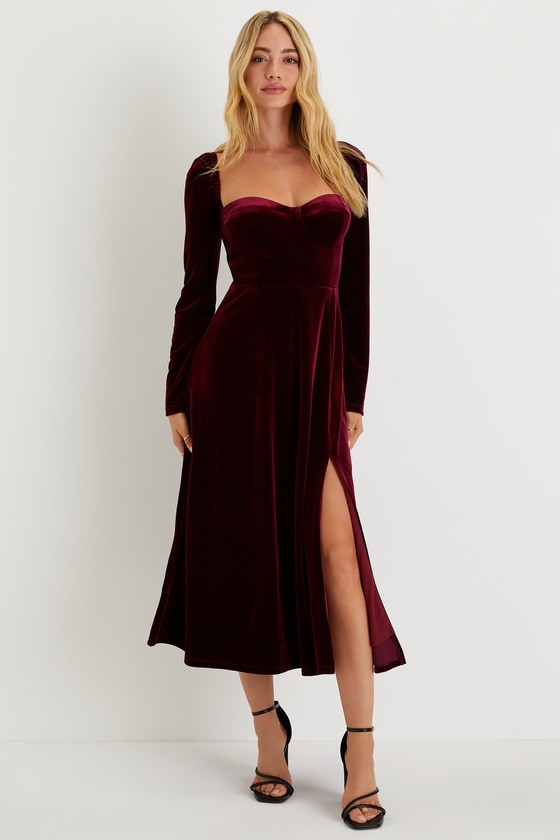 Precious Impression Burgundy Velvet Bustier Midi Dress
