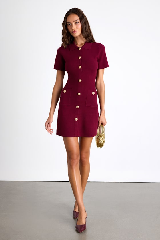 Posh Outcome Wine Red Short Sleeve Sweater Mini Dress