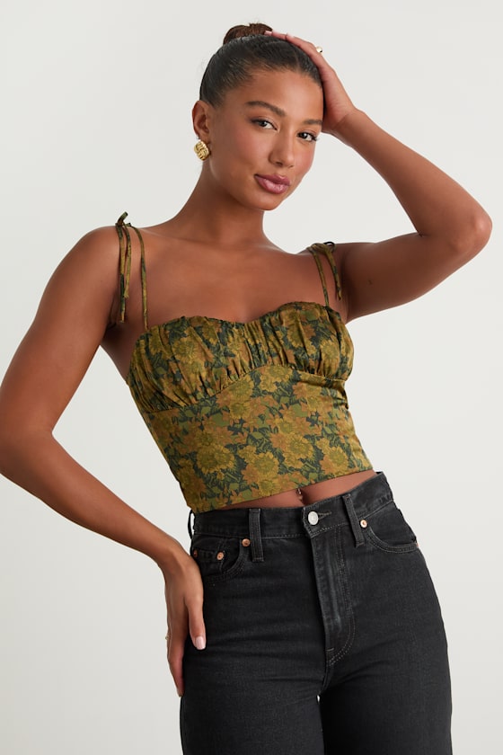 Raissa Olive Green Floral Satin Tie-Strap Crop Top