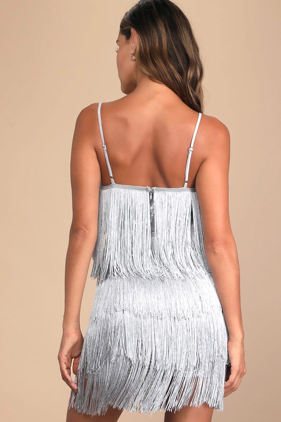 Get in the Groove Silver Sequin Fringe Bodycon Dress