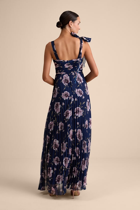 Gorgeous Purpose Navy Floral Pleated Sleeveless Bow Maxi Dress