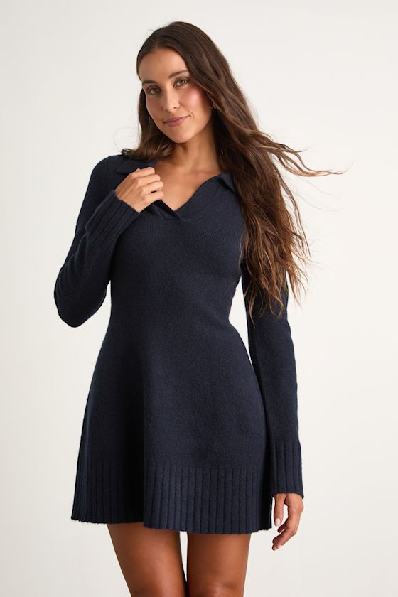 Soft Serenity Navy Collared Sweater Mini Dress