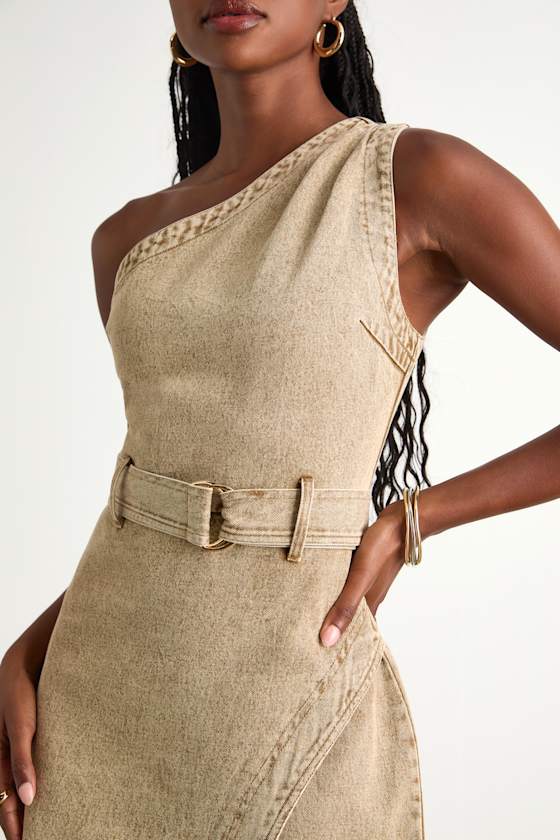 Avelina Washed Tan Denim One-Shoulder Belted Midi Dress